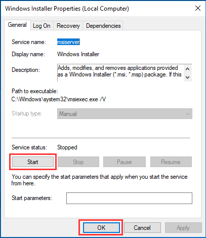 change Service status and click OK to continue