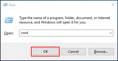 type cmd in the box and click OK to continue 