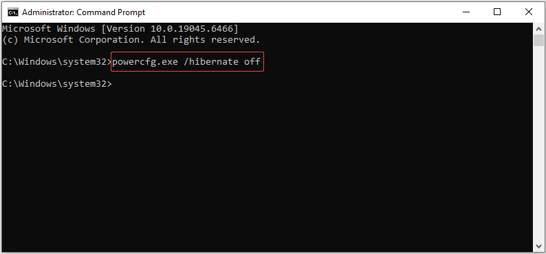 The Command Prompt interface showing the command running, with powercfg.exe /hibernate off highlighted.