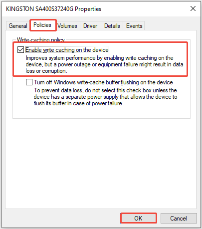 The Properties window showing the write caching policy, with Policies, Enable write caching on the device, and OK selected.
