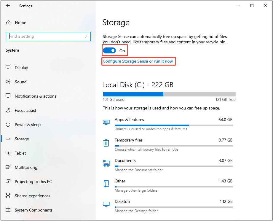 The Settings interface showing the Storage section, with the toggle icon and Configure Storage Sense or run it now selected.