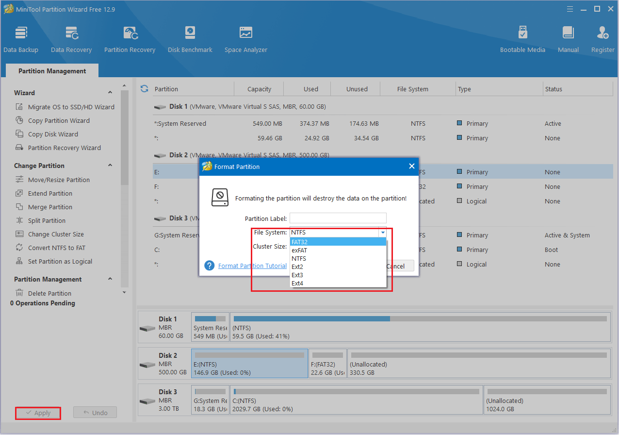 format Xbox 360 hard drive to FAT32 in MiniTool Partition Wizard