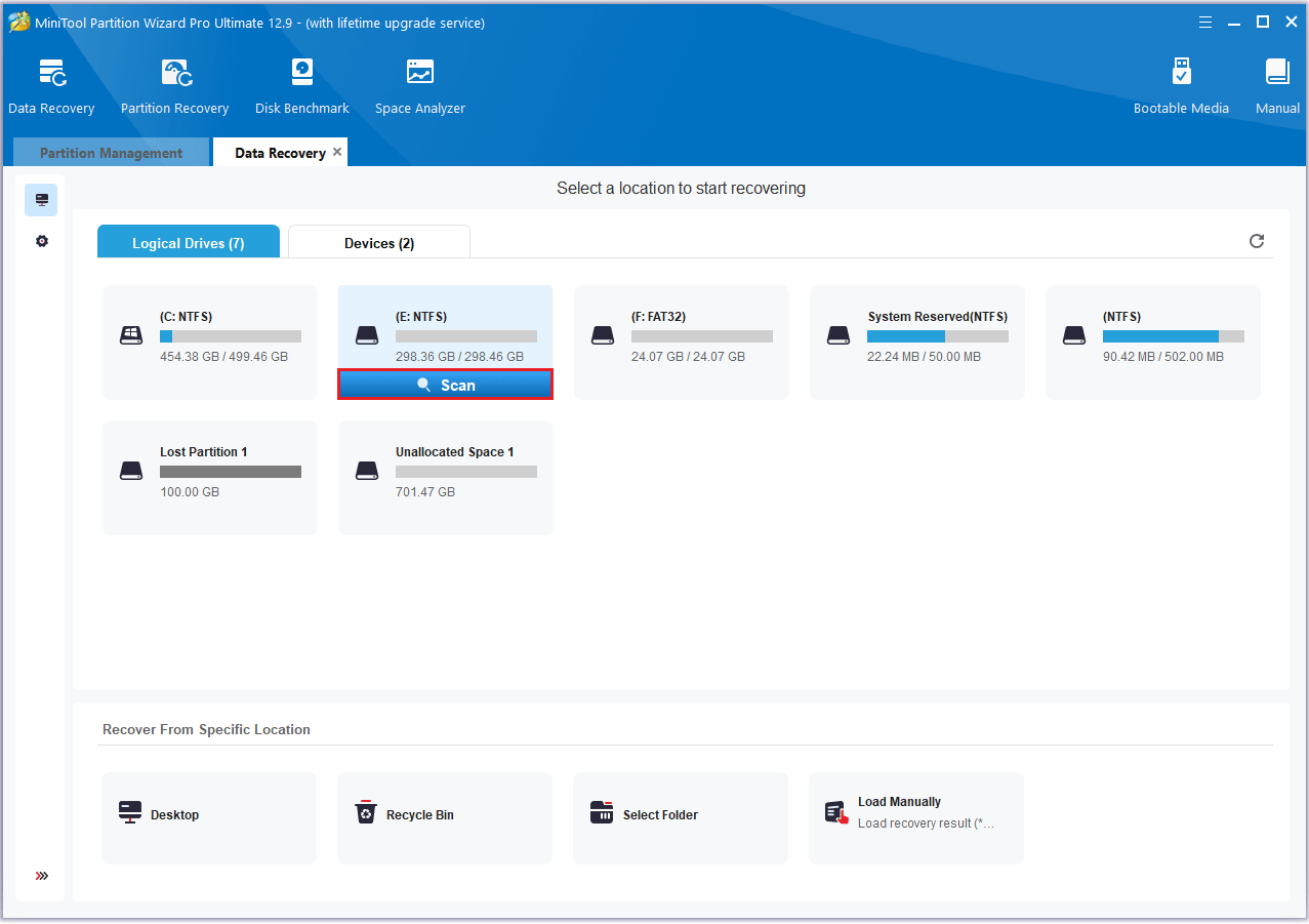 click Scan in MiniTool Partition Wizard