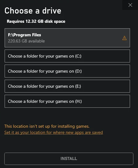 Xbox app cannot choose a drive