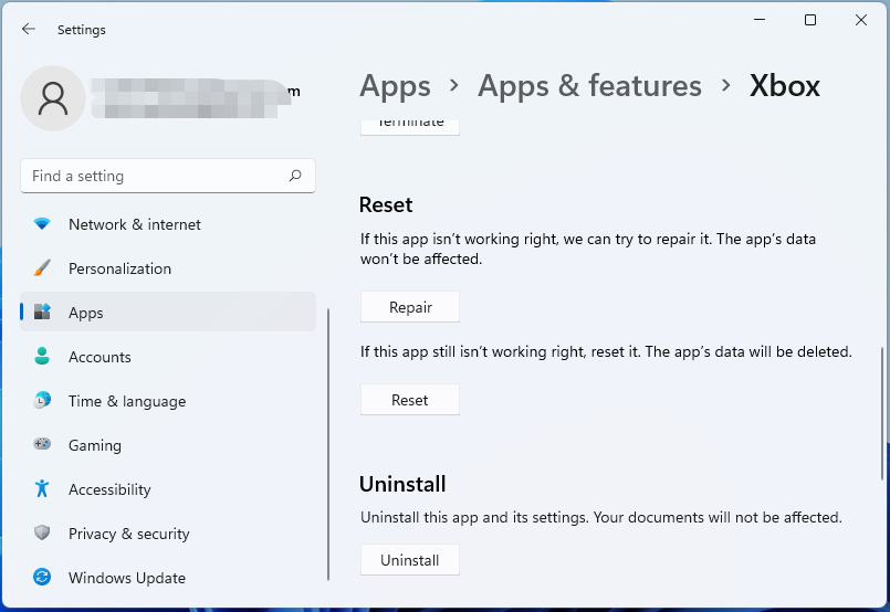 reset the Xbox app